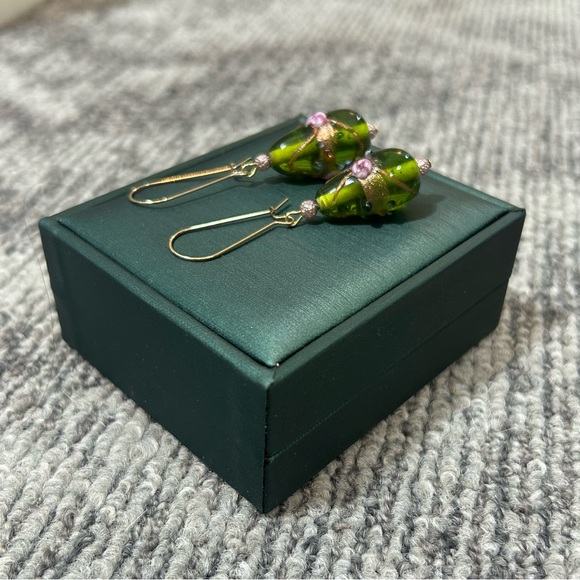 Vintage Rose Lamp Work Glass Olive Green and Gold Teardrop Dangle Earrings✨ - Picture 4 of 4